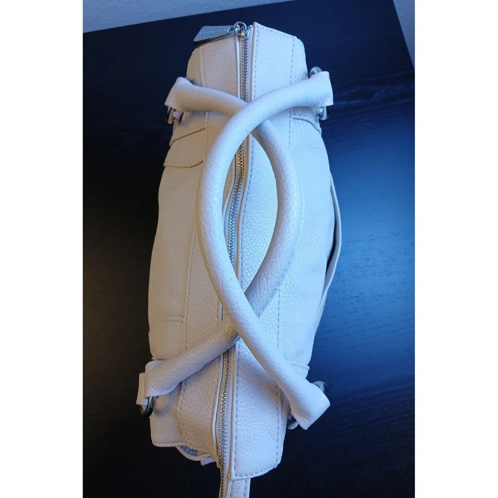 Dana Buchman Cream Pebbled Vegan Leather Satchel Tote Handbag Silver Hardware